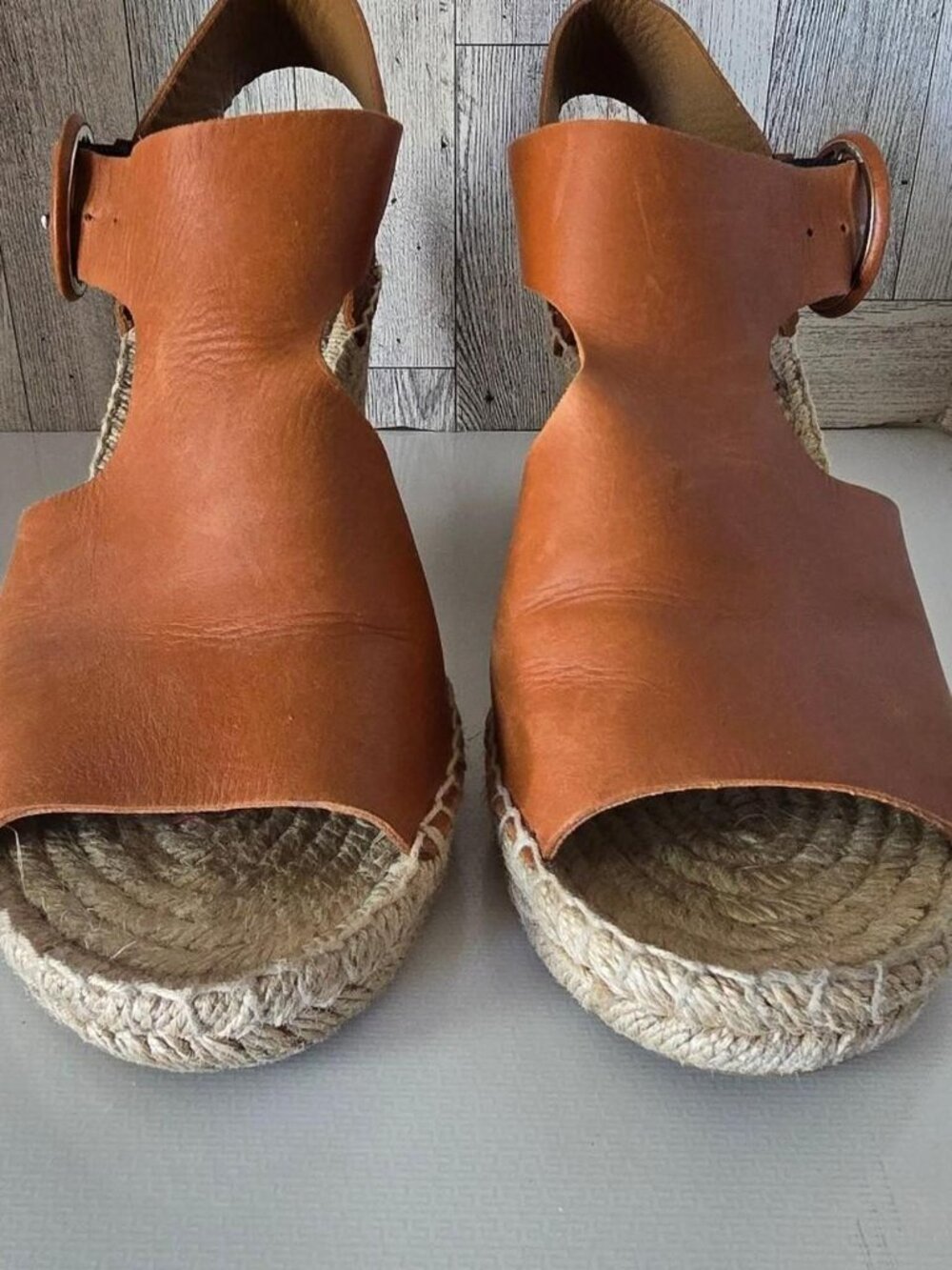 Via Spiga muleska Tan Leather Espadrille Wedge Sandals Size 9M